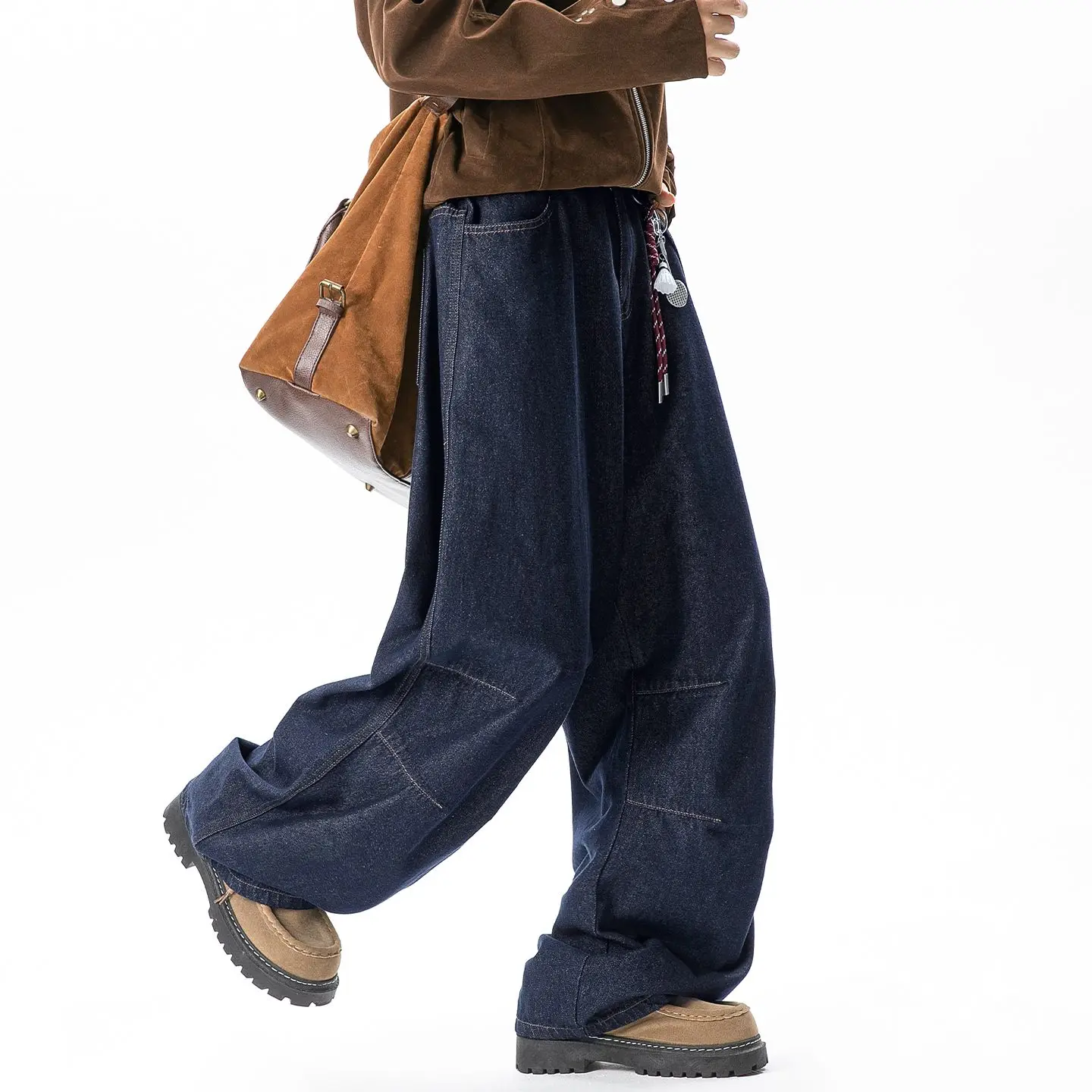 Autumn New Doubles Fold Y2K High Street American Original Cow Retro Original Su Men's Loose Jeans Classic Strap Wide Leg Pants