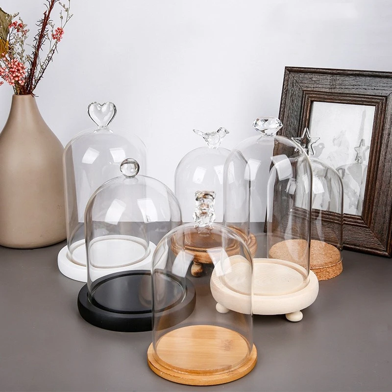 4sets/pack 9*11cm Different Top Glass Dome Vase Home Deocration Antique Base Transparent Cover Wedding Live Prop Birthday Gift