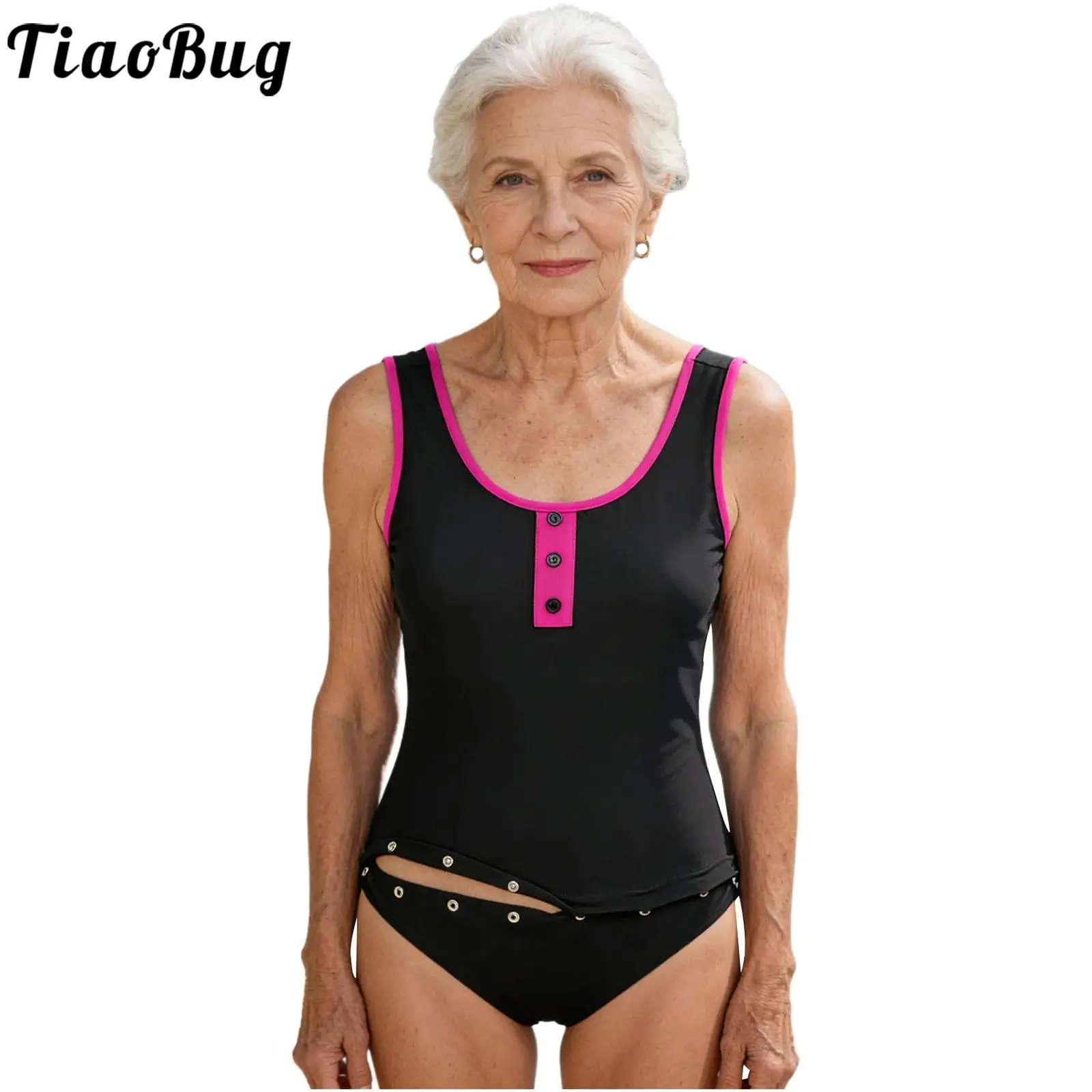 Women Adaptive Bodysuit Swimwear One-piece with Removable Chest Pads Sleeveless Openable Crotch Elderly Disability Bathing Suit