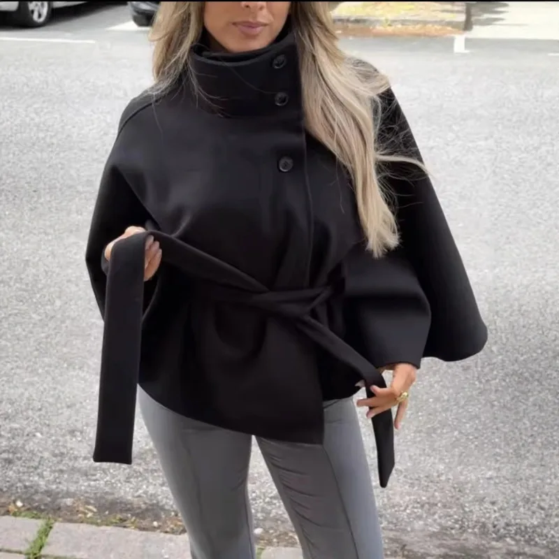Women Stand Collar Cape Coat Batwing Sleeve Belted Waist Loose Poncho Jacket Elegant Solid Outerwear