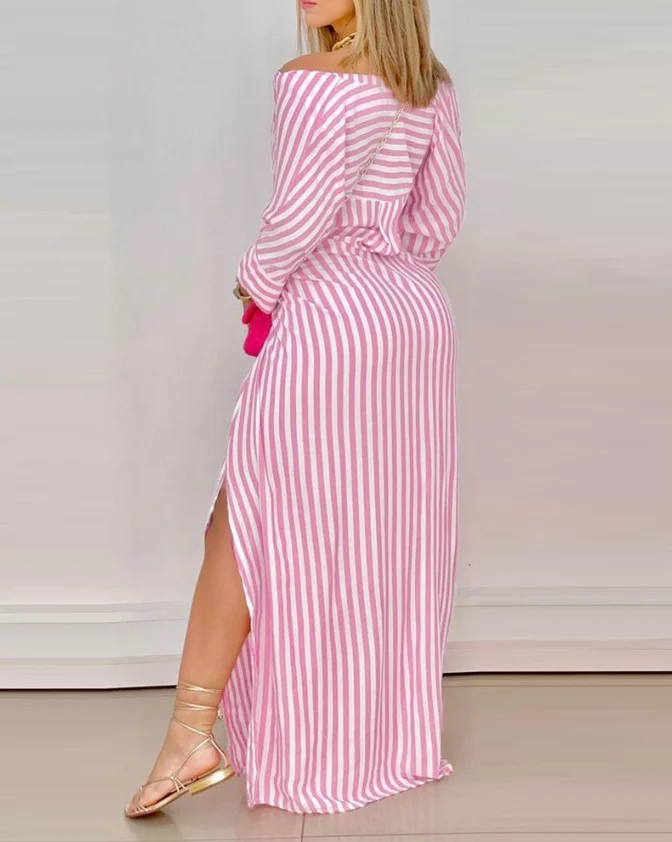 Women's Fashion Casual Stripe Button Design High Seam Long Skirt Spring/Summer 2025 New Women's Clothing