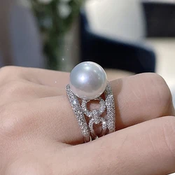 Huitan Gorgeous Delicate Jewelry Ring Women Luxury Bridal Simulated Pearl Wedding Band Silver Color Bright Zirconia Accessories