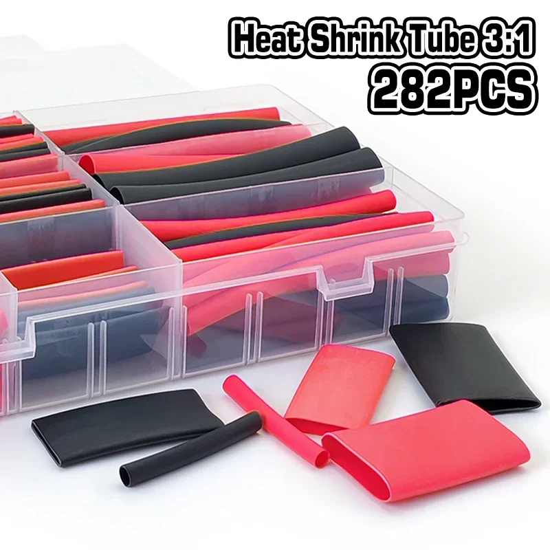 Electrical Cable Insulation Heat Shrink Tubing 282Pcs Black Red Polyolefin Flame Retardant Waterproof Wire Repair Wrap Cover