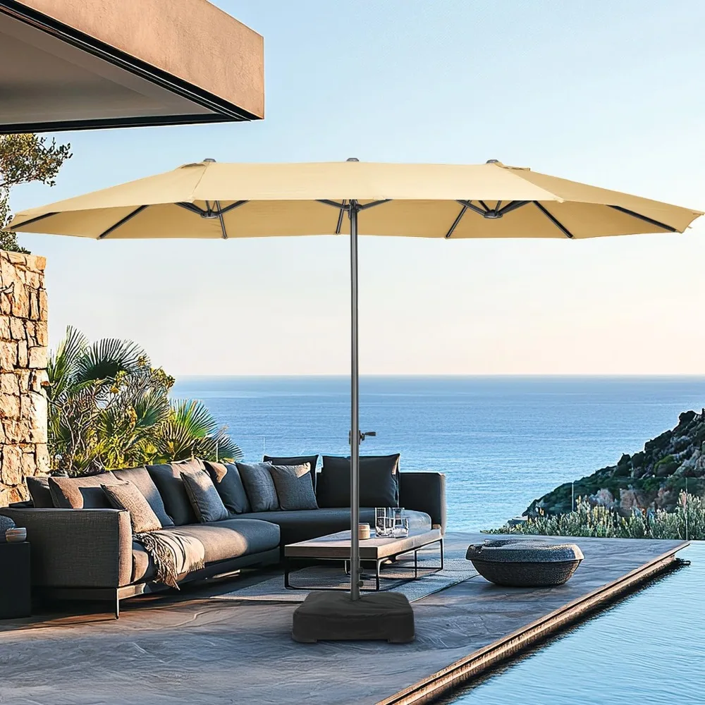 

15ft Large Patio Umbrella with Base Included, Outdoor Double-Sided Rectangle Market Umbrella with Crank Handle, Umbrella Outdoor