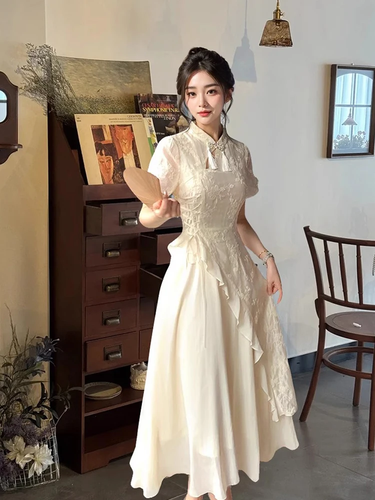 Estate 2025 Nuovo spirito nazionale cinese Sle ricamato floreale colletto alla coreana orlo asimmetrico abito Midi Dr