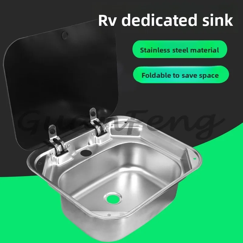 RV Kitchen Stainless Steel Single Slot Sink with Cover, Square Folding Vegetable Basin Car Water Purifier Accessories