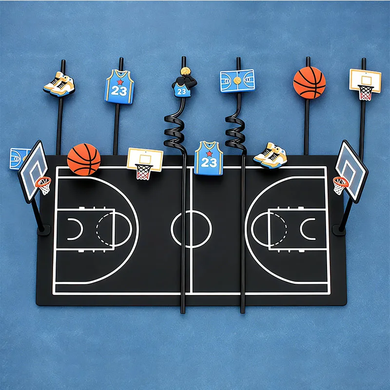 Black Spiral Straws Basketball Theme Reusable Plastic Drinki
