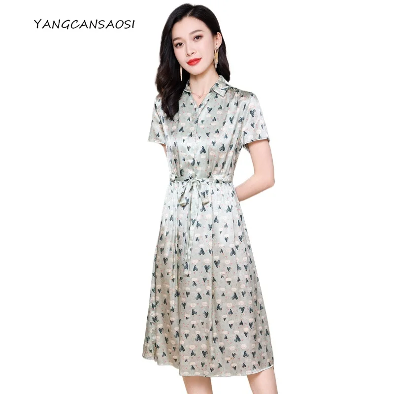 

Women's Fashion Summer Clothing 90% Natural Mulberry Silk Elastic Satin Turn-down Collar Short Sleeved Waistband Dress