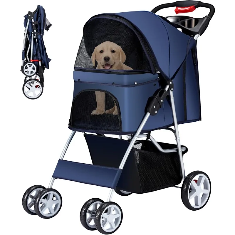 

4 Wheels Dog Cat Stroller for Medium Small Dogs Cats, Folding Pet Jogger Stroller with Storage Basket & Breathable Mesh