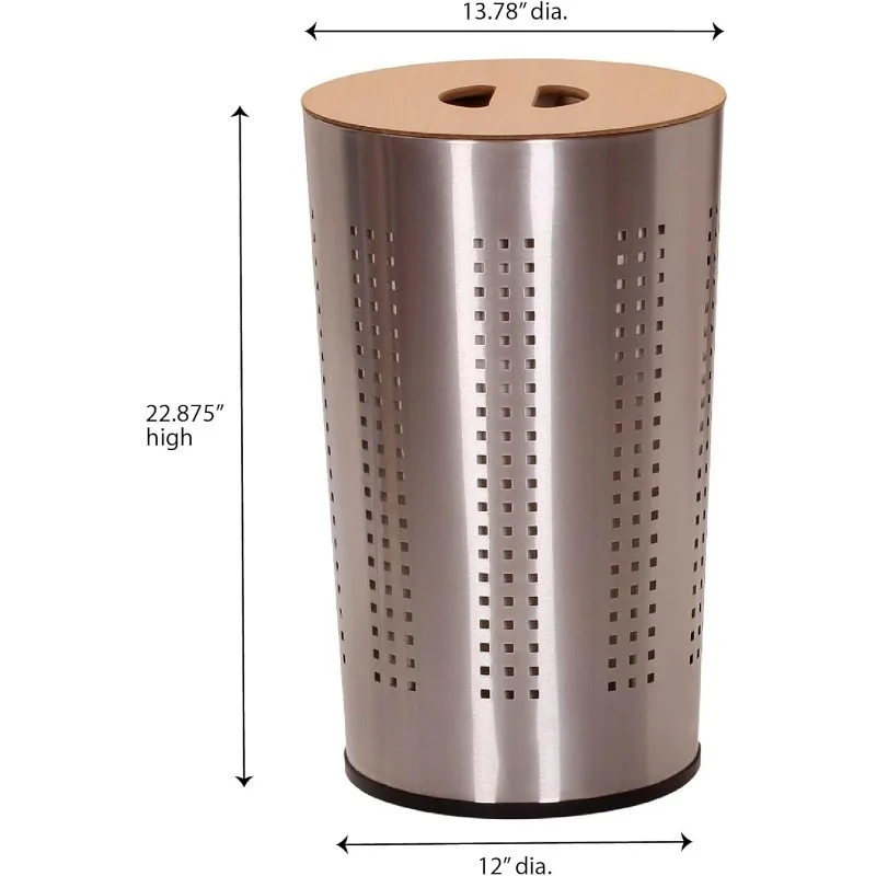 7081-1 Round Metal Laundry Hamper - Removable Liner Bag and Wood Lid  Stainless Steel