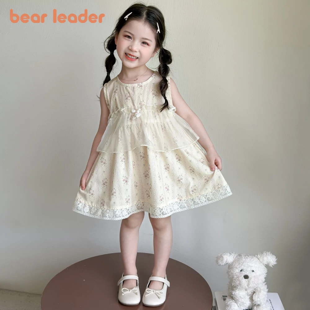 

Bear Leader New Summer Girls Clothing Korean Version Fashionable Sweet and Cute Round Neck Sleeveless Floral Mesh Dress
