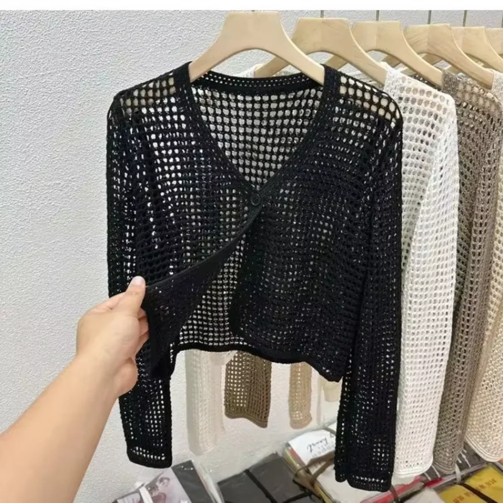 

2025 Sun Protection Hollow Out Knitted Ins Long Sleeved Cardigan Women's Summer Mesh Solid Thin Outer Wear Simple Short Chic Top