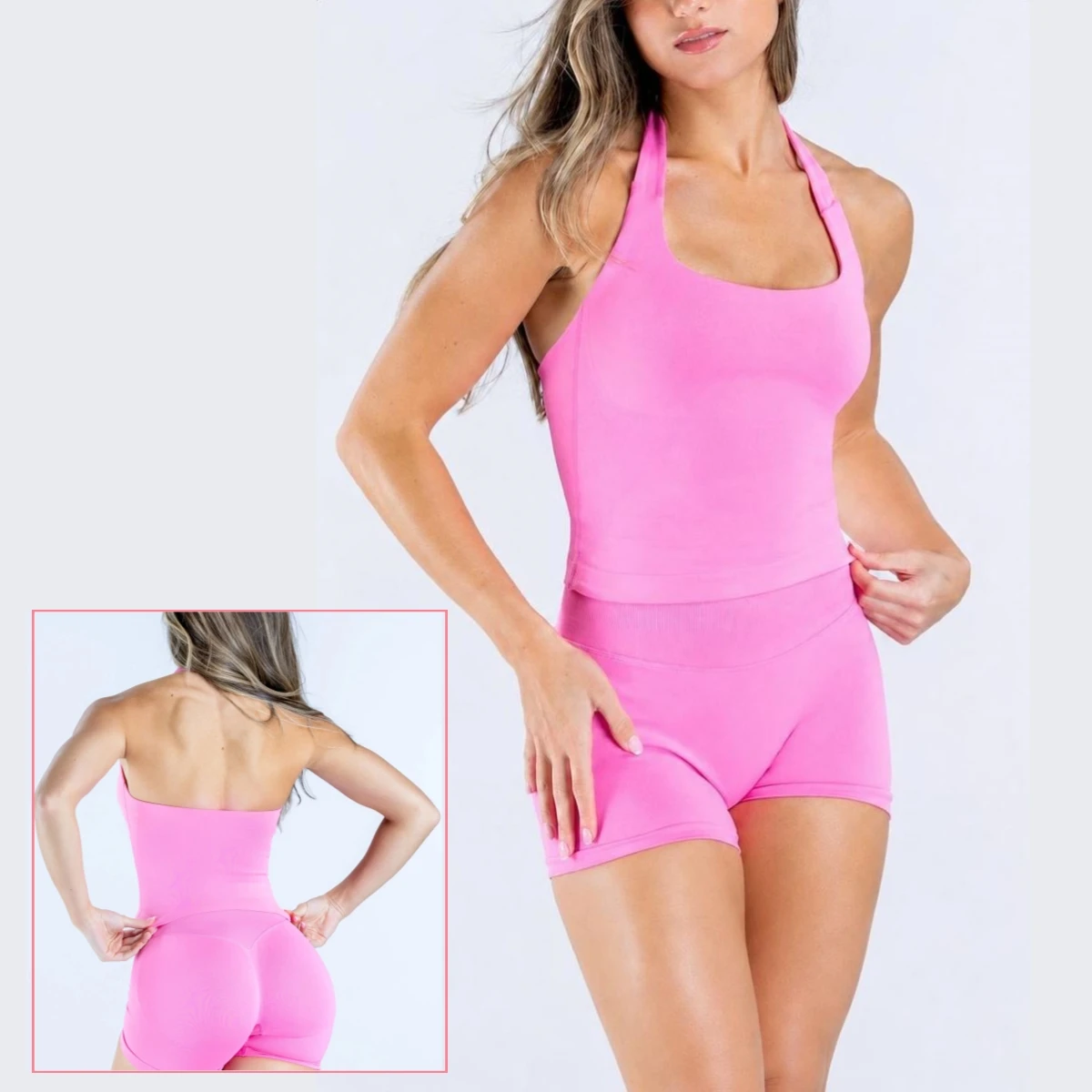 Women 2 Piece Gym Set Halter Sports Crop Top High Waist Biker Shorts Set High Impact Shockproof Yoga Cycling Workout clothing