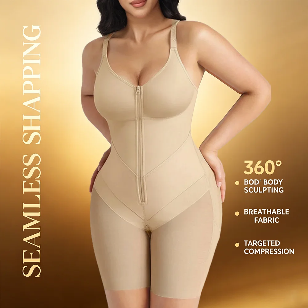 Women's Zipper Front Full Body Shaper - Seamless High Waist Compression Faja with Adjustable Straps & Anti-Slip Design