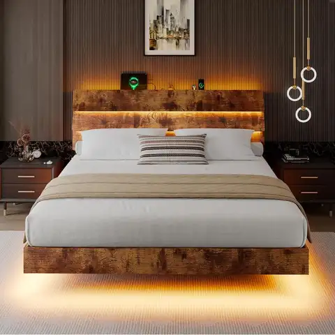 King Size Floating Bed Frame with LED Lights and Charging Station, Vintage Brown Platform Bed with Wooden Storage Headboard, Ste