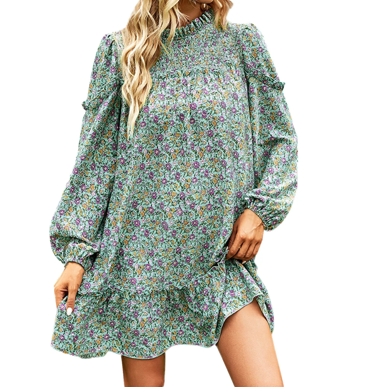 Women's Long Sleeve Fashionable Sexy Dress Vintage Floral Print Boho Hippie Dress Casual Elastic For Women V Neck Knit Dress