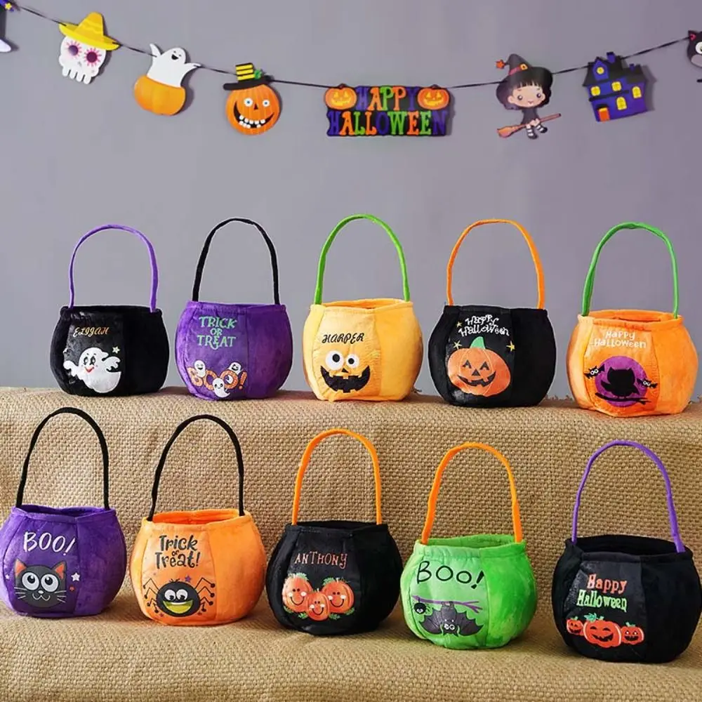 Portable Cloth Halloween Candy Bag Trick or Treat Plush Pumpkin Candy Bucket Handbag Gifts Pouch Stuffed Cotton Tote Bags Gift