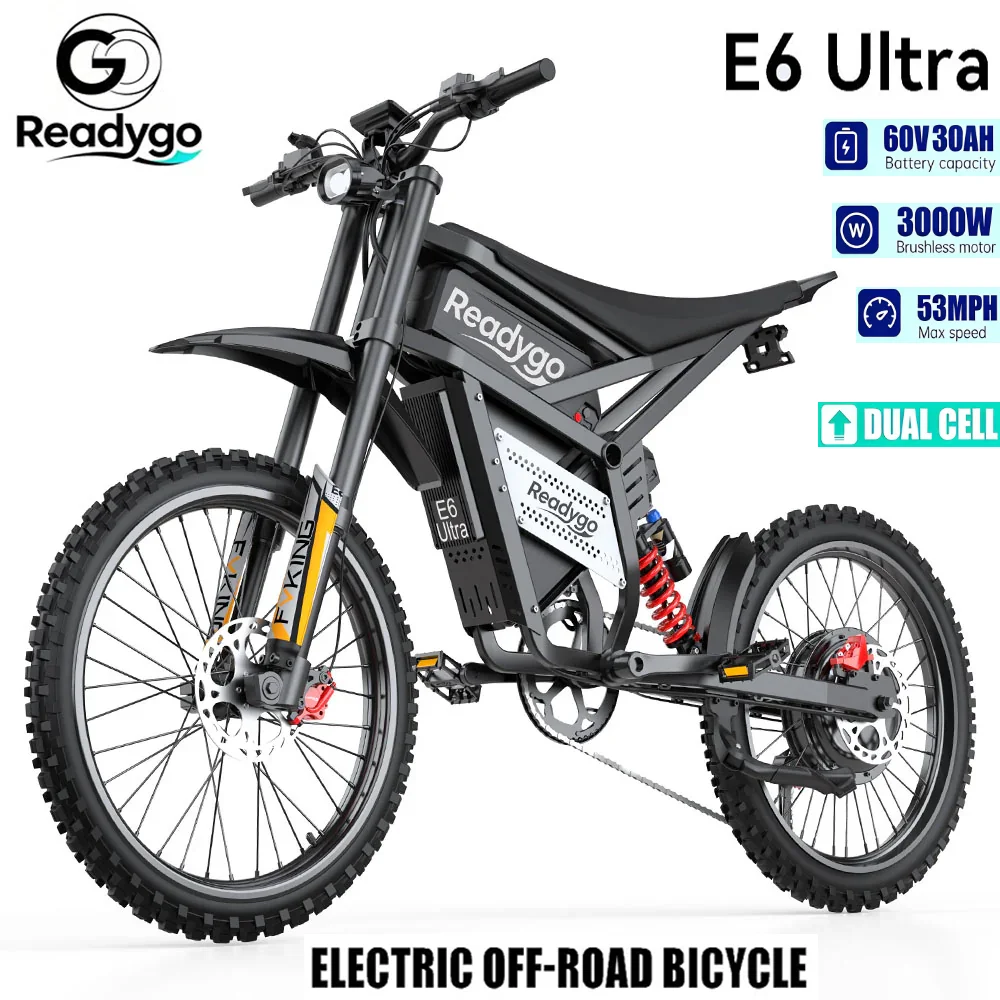

Readygo E6 Ultra Adult Off-Road Ebike 3000W Brushless Motor 60V 30AH Lithium Battery Electric Bicycle 85Km/h