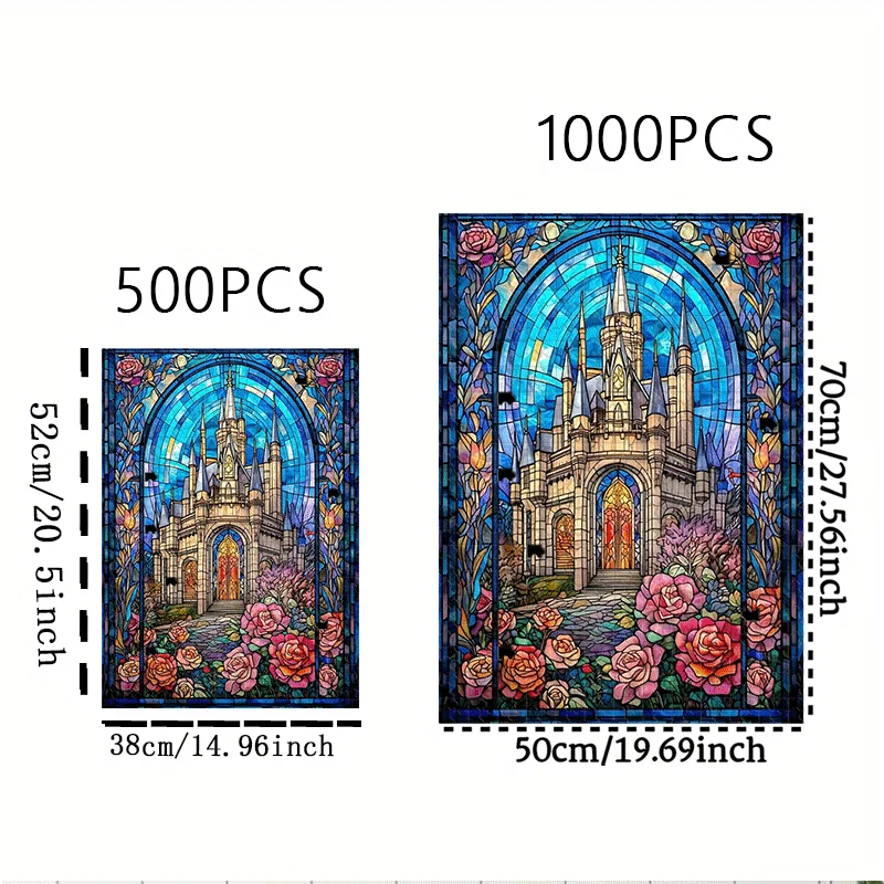 500개/1000개 조각 매혹적인 스테인드글라스 성 퍼즐 성인용 - 휴대용 두뇌 자극, DIY 중세 퍼즐