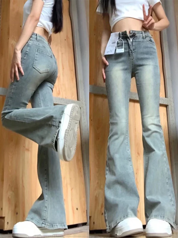 

Spring 2026 Women's High Waist Flared Jeans Light Color Slim Fit Drapey Versatile Floor Length Pants Cotton Stretch Denim