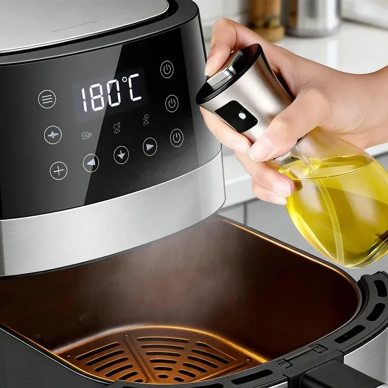 Oil Spray Bottle for Kitchen 2 in 1 Olive Oil Dispenser Round Drum Design Fine Mist Sprayer for Cooking Salad Borosilicate Glass