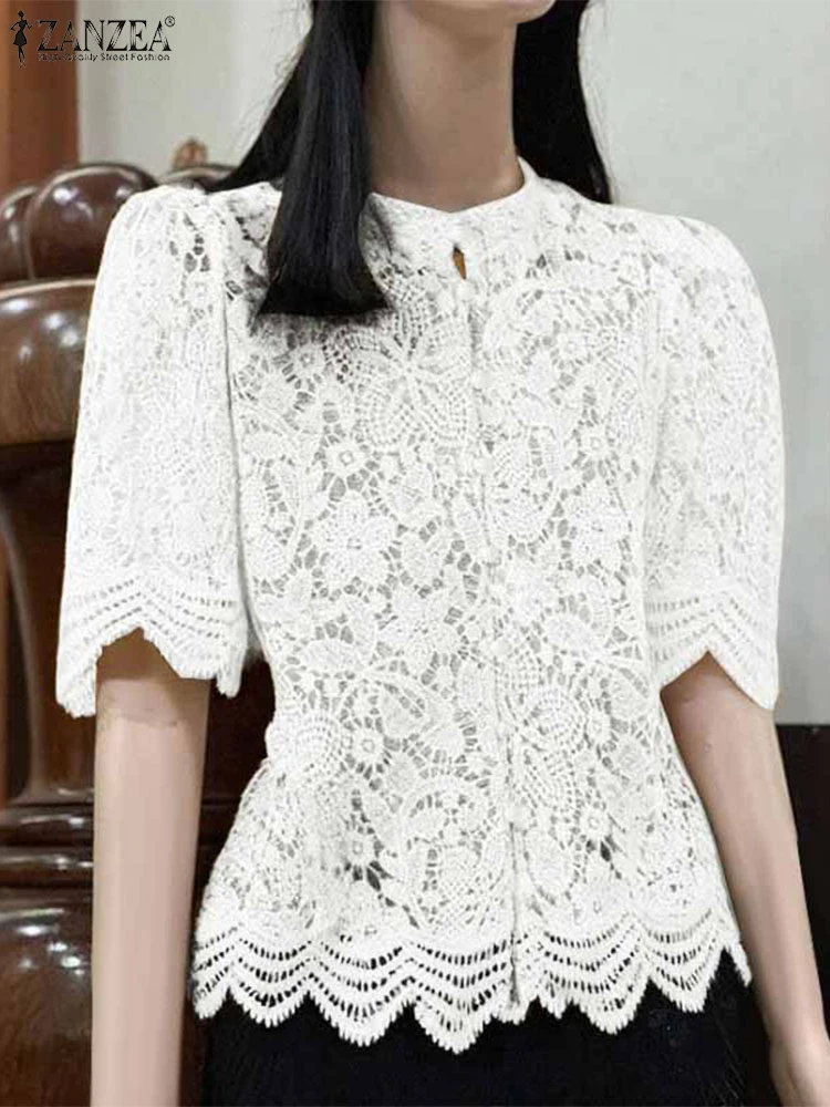 2025 ZANZEA Camisa de encaje de verano de ganchillo, blusa de trabajo elegante para mujer, Blusas informales de media manga con cuello redondo, Tops elegantes de retazos para vacaciones