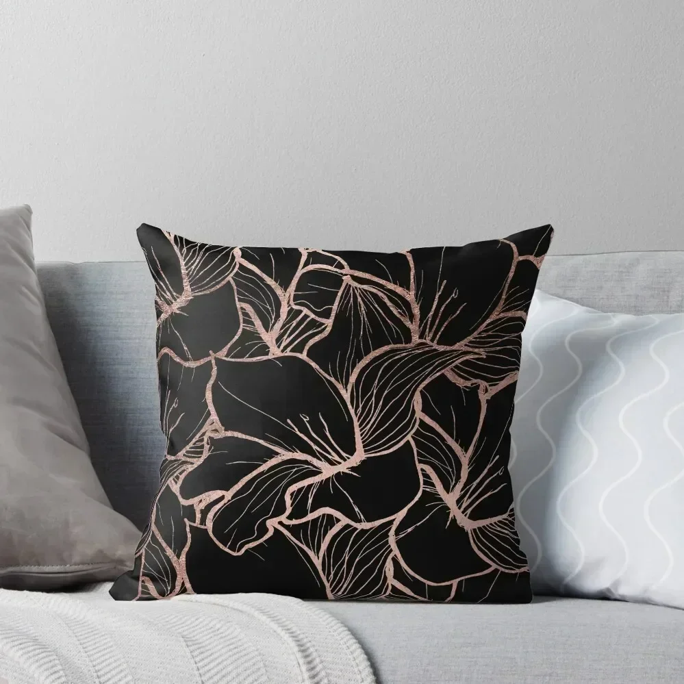 Modern rose gold abstract handdrawn floral pattern on black Throw Pillow christmas pillowcases pillow