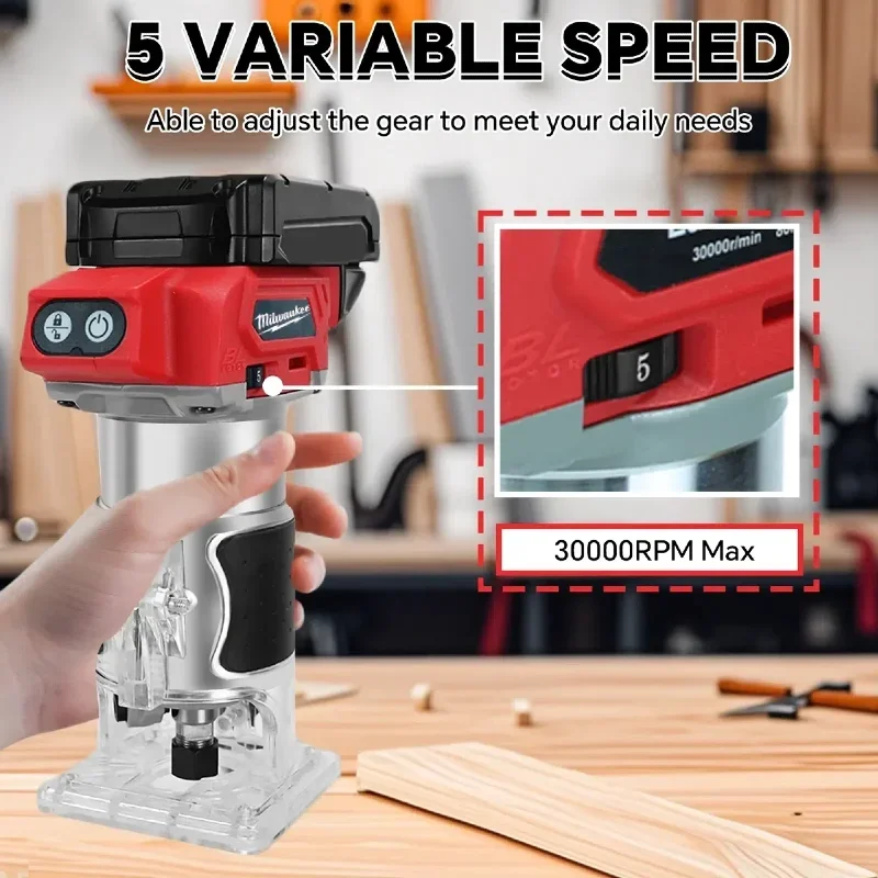 ميلووكي 800 واط 30000 دورة في الدقيقة ماكينة تشذيب كهربائية لاسلكية بدون فرش جهاز توجيه مدمج 5 سرعات ماكينة تشذيب النجارة بطارية 18 فولت #2