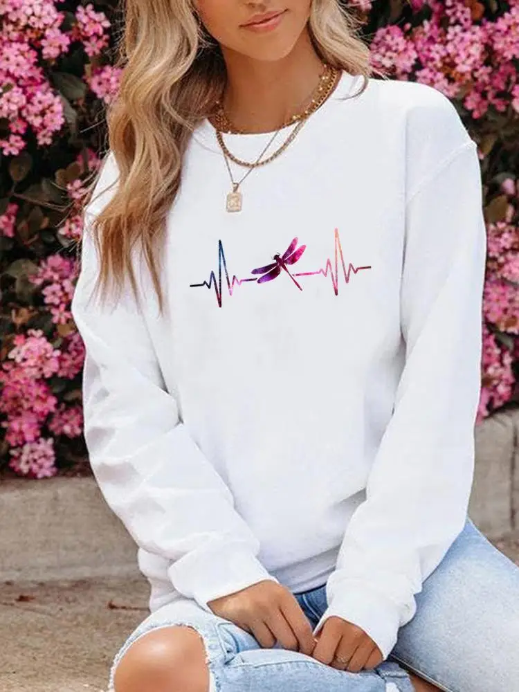 

Clothing Women Print Fleece Pullovers Lady Long Sleeve Winter Dragonfly Cartoon Style 90s Fashion Casual Graphic Sweatshirts