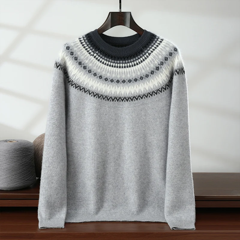 

Trendy Men's 100% Pure Cashmere Pullover High Quality Jacquard Knit Sweater Loose Round Neck Tops Thick Streetwear Pull Jumper
