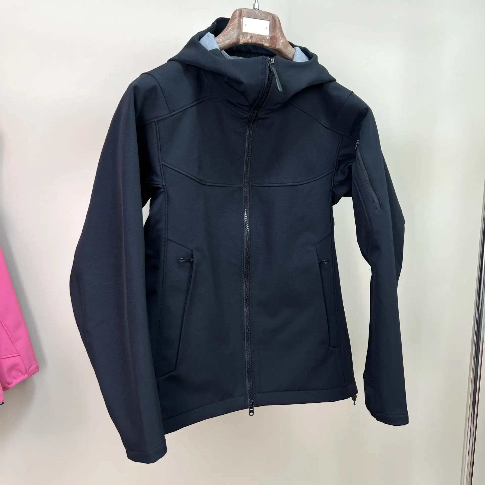 Men Fleece Lined Softshell Hooded Jacket Windproof Full Zip Multi Zipper Pocket Outdoor Hiking Climbing Casual Coat