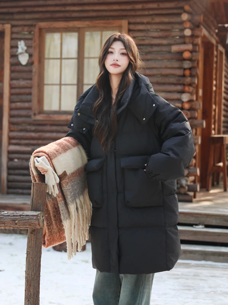 Piumino invernale di media lunghezza con cappuccio solido da donna Piumino d'anatra bianco con cerniera Tasca grande Parker Outwear Giacca allentata calda spessa femminile