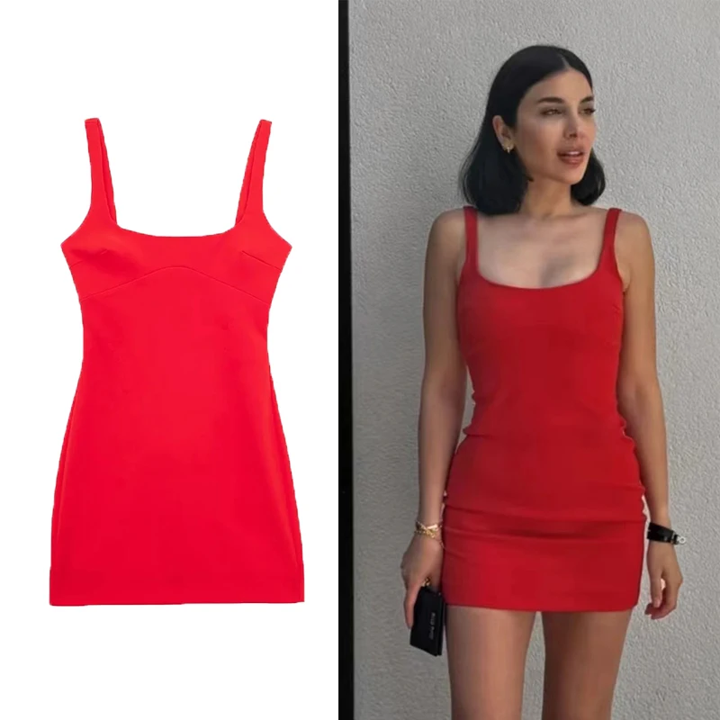 UETEEY Sexy Chic Red SlWomen Fashion Solid Slim Fit Backless Zipper Mini Dress Vintage Straps Square Collar Female Chic Lady Dre