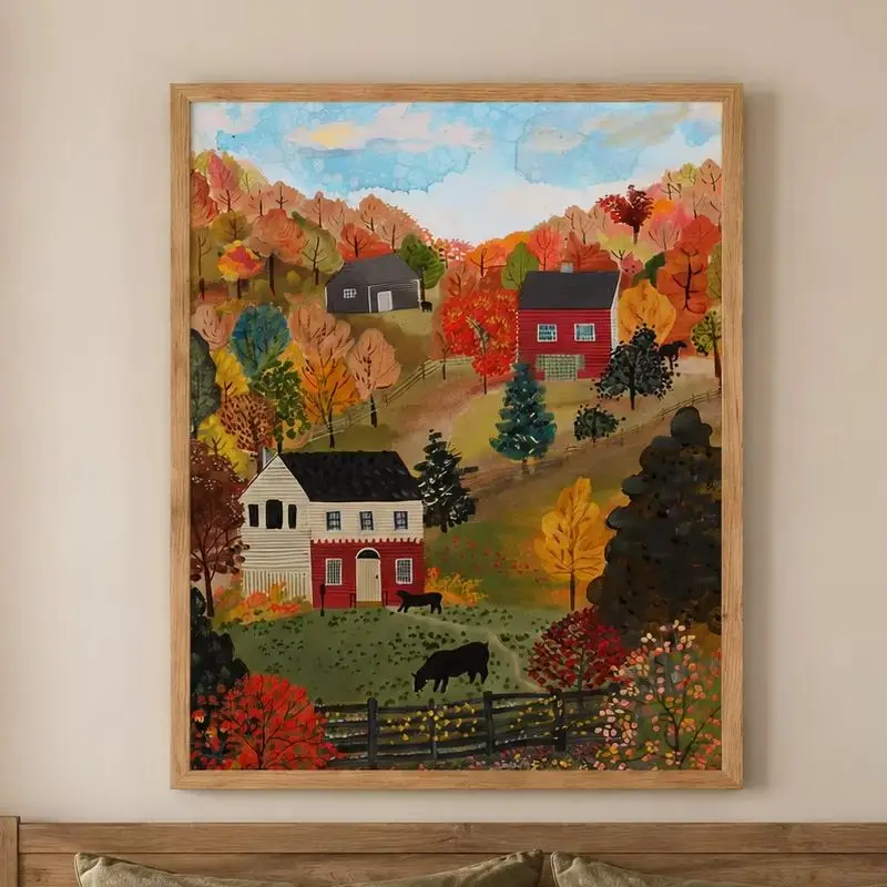 Quaint Farm Life Painting - Grandma Moses Style Artwork,Canvas Wall Print,High‑Grade Home Decoration Artwork for Bedroom