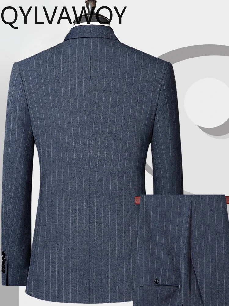 QYLVAWOY 75% Polyester 2025 Autumn High-End Men's Striped Suit Set Premium Middle-Aged Wedding Business Formal Suit LJ2809
