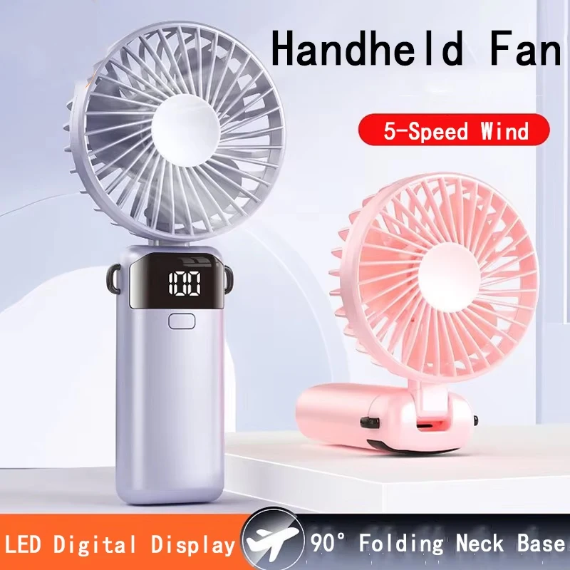 Handheld Fan LED Digital Display Portable Student Small Fan Gift 5-Speed Folding 90° Neck Base USB Small Electric Fan