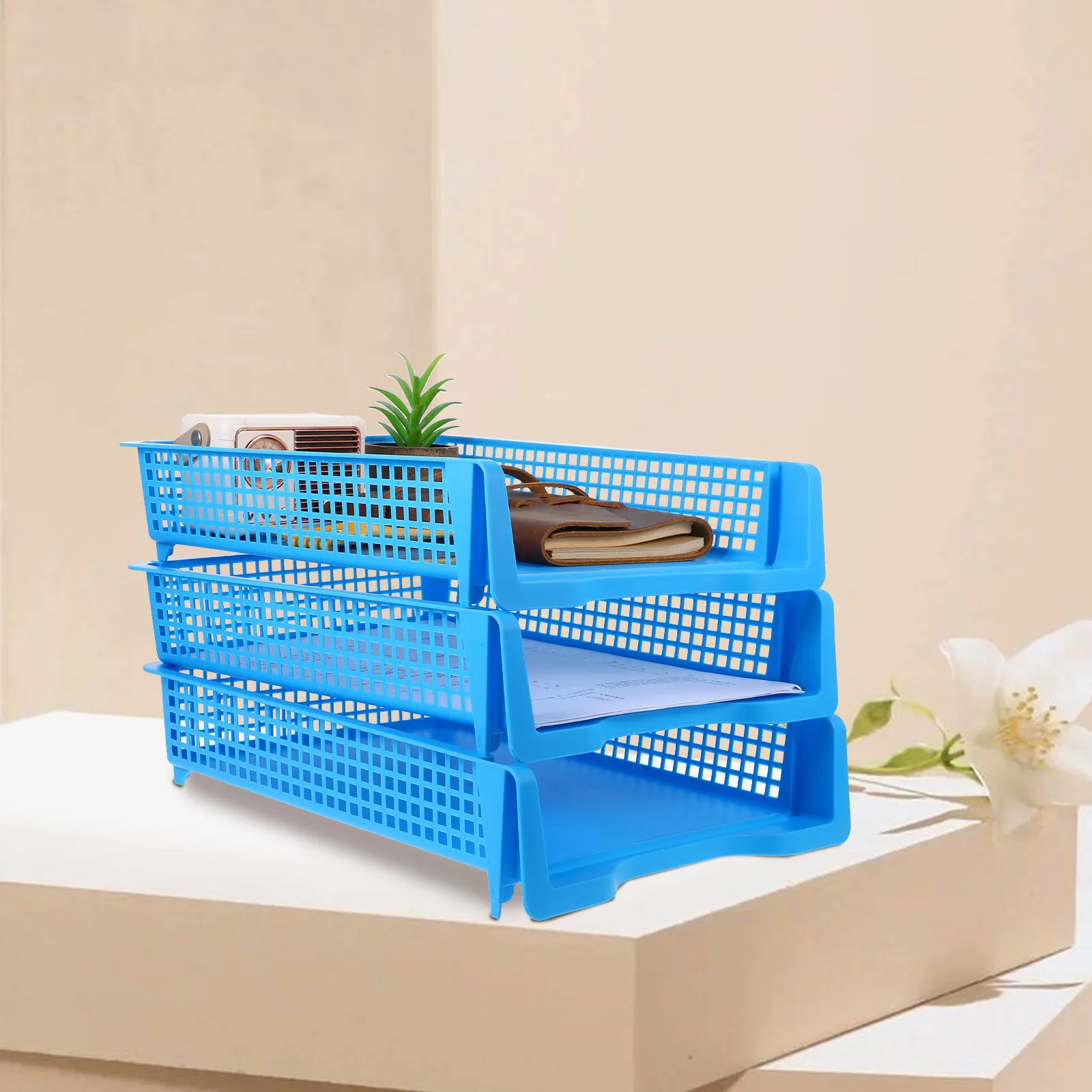 

3 Pcs File Basket Paper Tray Organizer for Desk Blue Plastic Stackable Letter Office