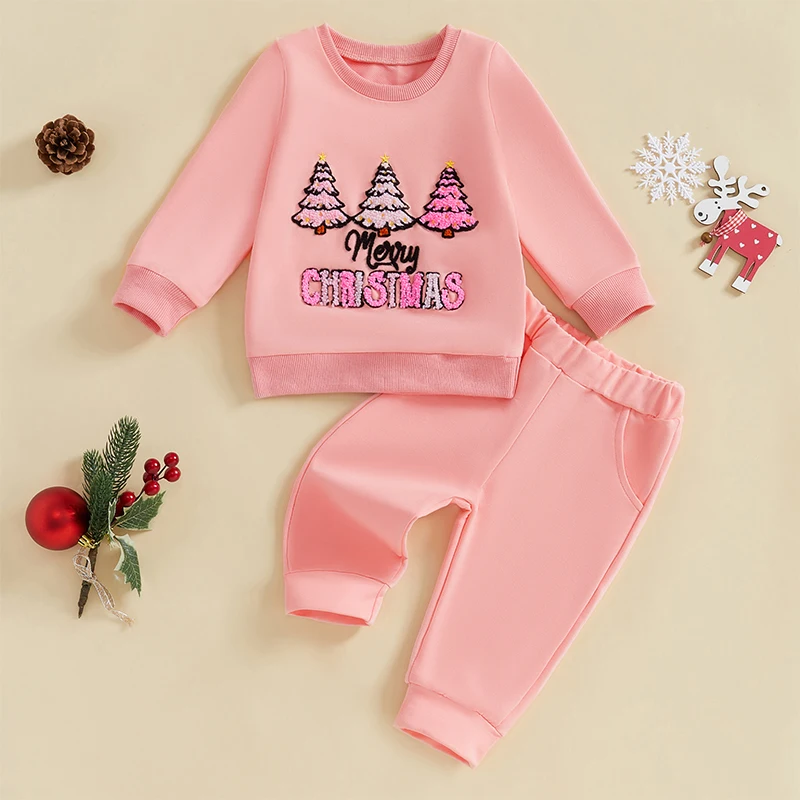 Toddler 2-Piece Holiday Ensemble with Festive Embroidered Sweatshirt and Cozy Pocketed Pants - Winter Apparel Set