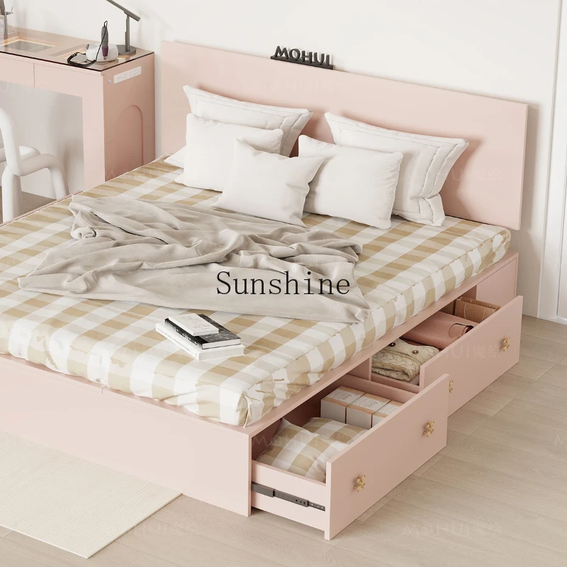 

Pink double bed bedroom French cream wind drawer bed
