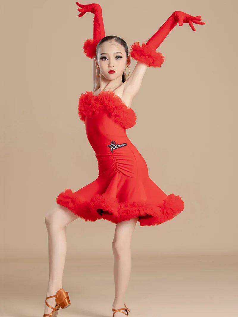 Traje de baile latino de rendimiento estándar nacional de competición para niñas, mono de gasa con tirantes finos y faldas oscilantes