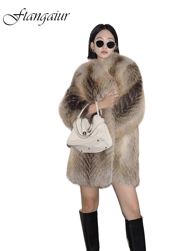 

Ftangaiur Winter Imported Golden Island Fox Fur V-Neck Full Sleeve Women Medium Fox Coat Natural Fur Slim Fox Fur Coats