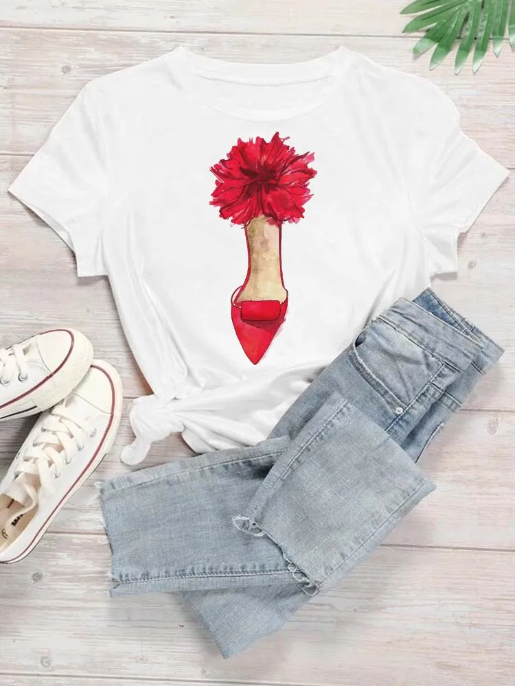 Maycaur 새로운 하이힐 와인 안경 그래픽 인쇄 T 셔츠 여성 재미 있은 Tshirts 캐주얼 흰색 반팔 탑 티셔츠 Feamle Clothes