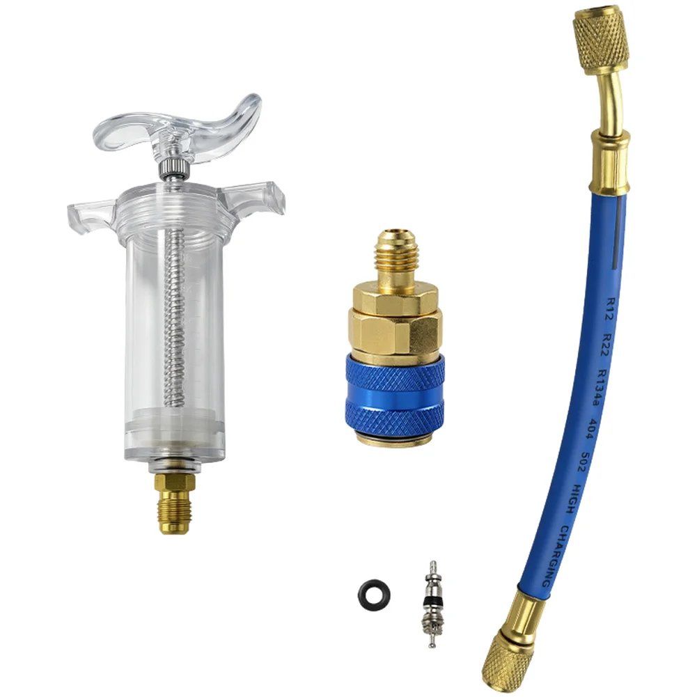 AC Refrigerant Oil Injector Tool with 130KG Pressure Rated Hose and One Way Check Valve for Safe System Charging