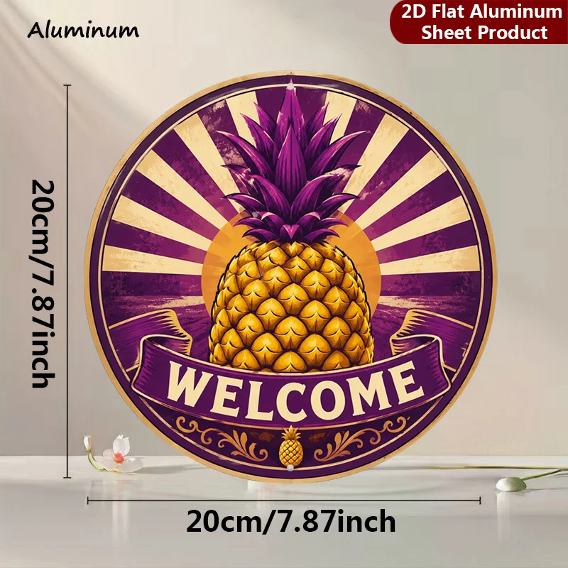 2D Flat, 1pc, Colorful Pineapple Round Sign, Tropical Welcome Vintage Decorative Plaque, Vintage Style Porch Decorations, Wall D