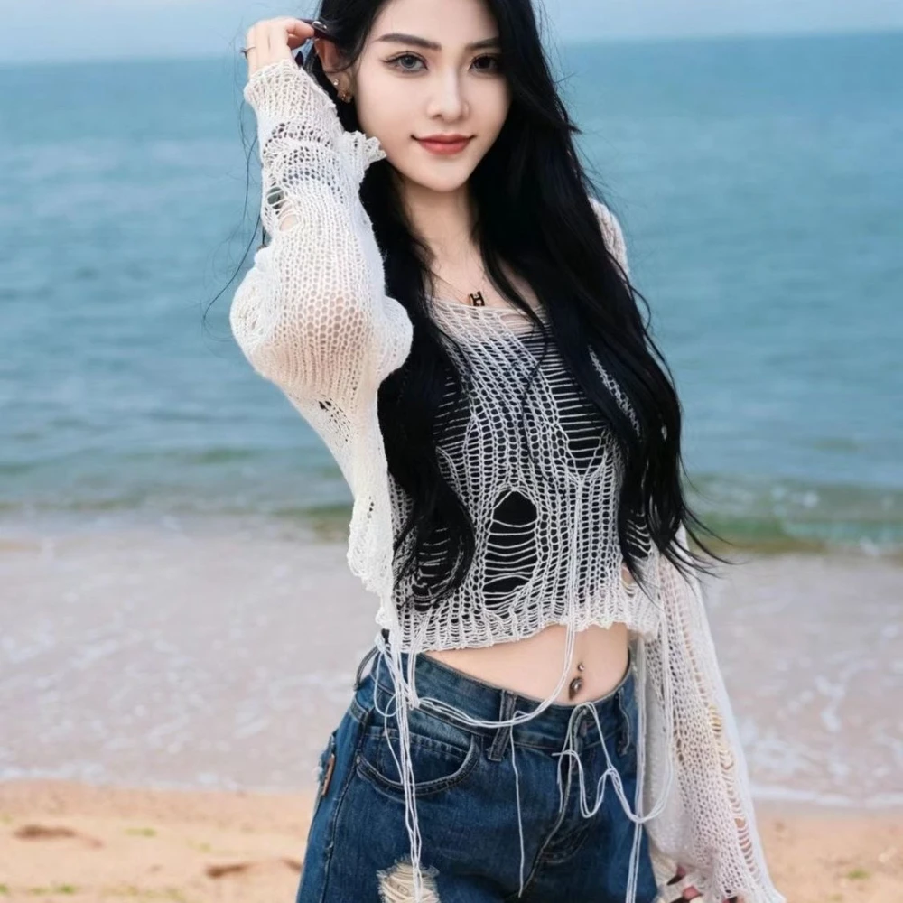 Harajuku Y2K Solid Slash Neck Women Sweater Grunge Ripped Hole Hollow Out Knit Crop Pullover Summer Streetwear All Match Jumper