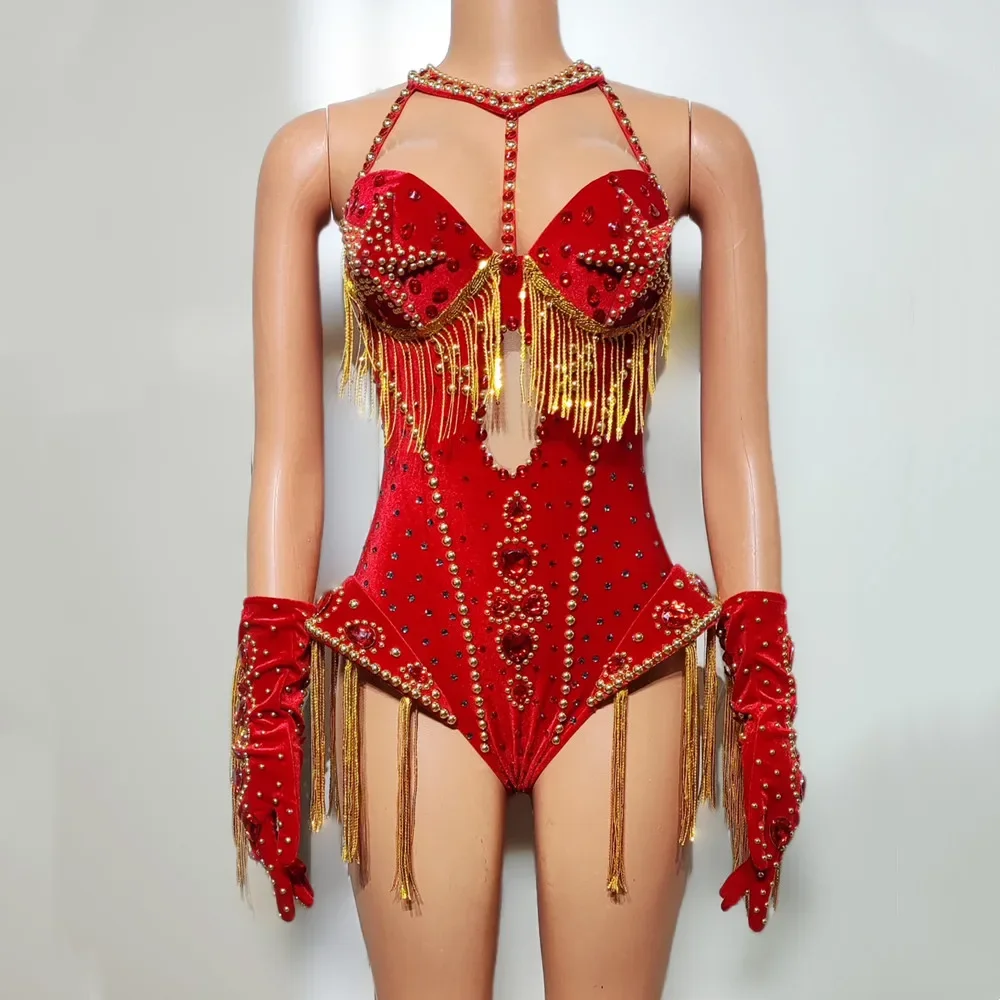 Sexy vermelho strass borla luvas bodysuit mostrar dança outfit feminino cantor equipe de dança concerto boate bar desempenho traje