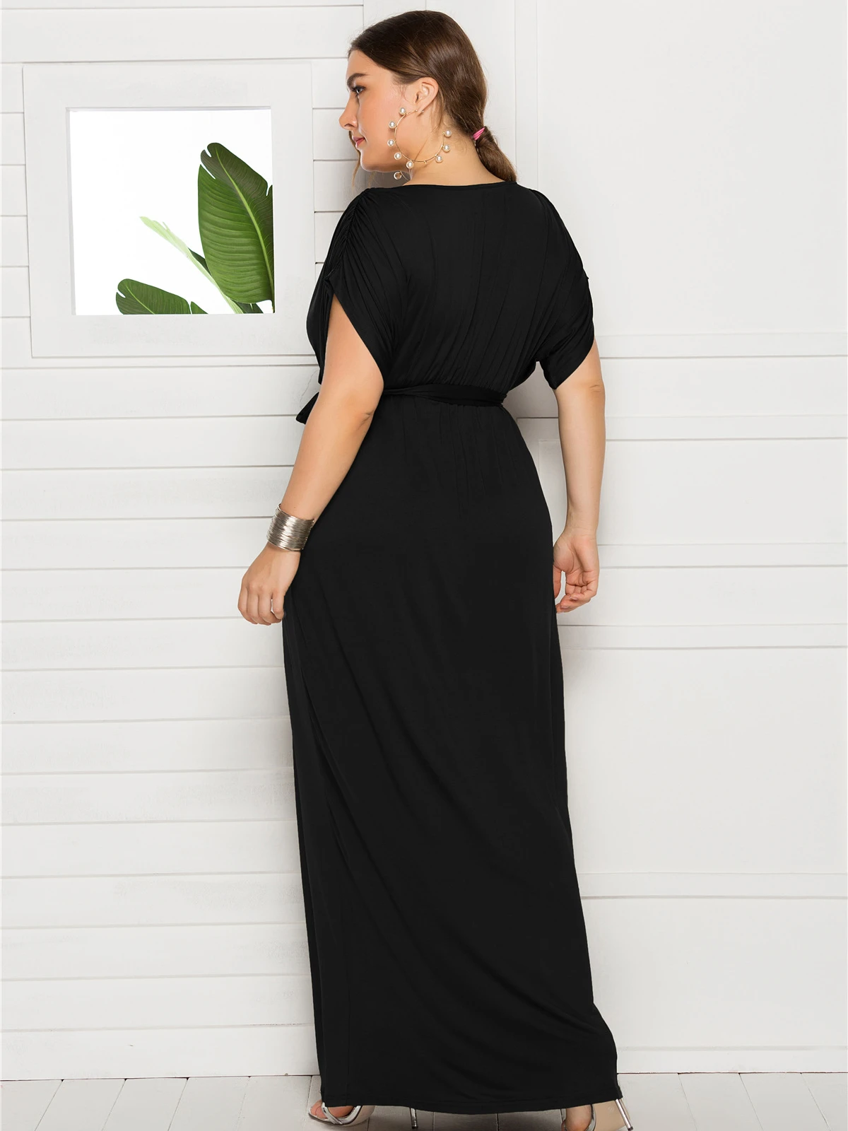 Plus Size Women Maxi Dress Elegant Short Sleeve V-neck Frock Loose Fit Summer Chic Casual Solid Color Ladies Long Skirt 2024