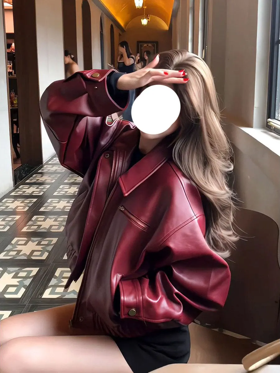 Retro American Sle ort Leather Jaet Women's Red Faionable Coat Korean Sle Zipper ket Novel Polyester Fiber