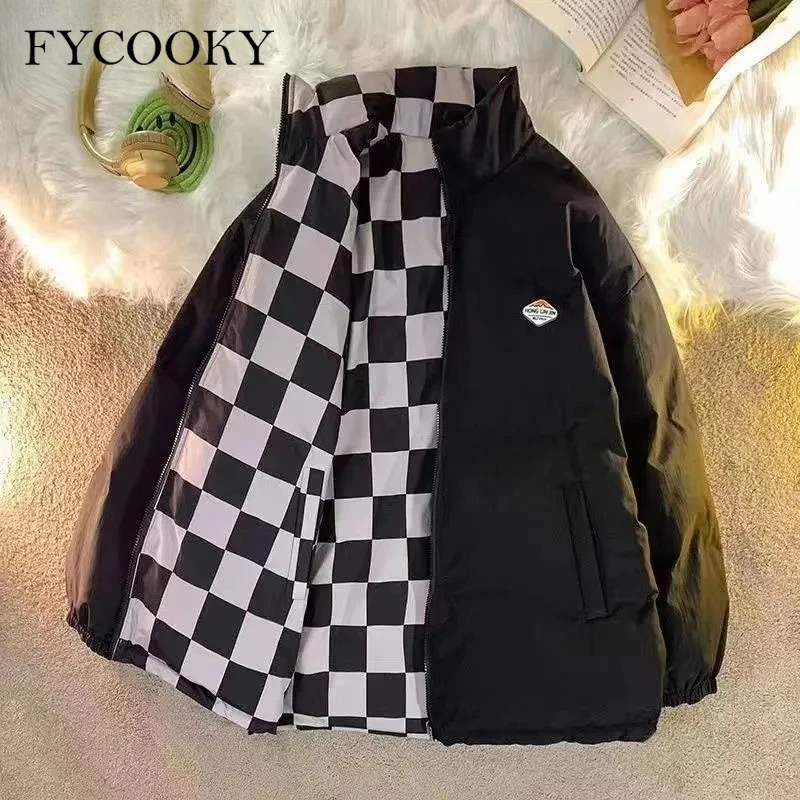 

2025 Winter Plaid Coats Women Double-sided Checkerboard Loose Oversize Cotton-padded Jacket Female Causal Thickened Warm Coat