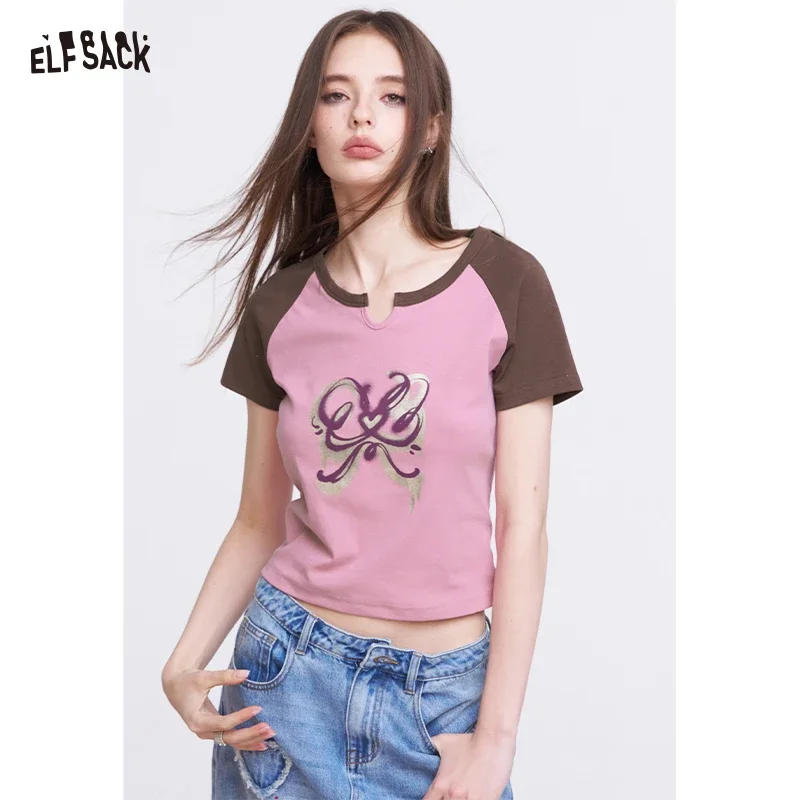ELFSACK  Raglan T-Shirt with Bowknot Graphic, Y2K Slim Fit Crop Top for Summer, Chic Contrast Sleeve Notched V-Neck Tee